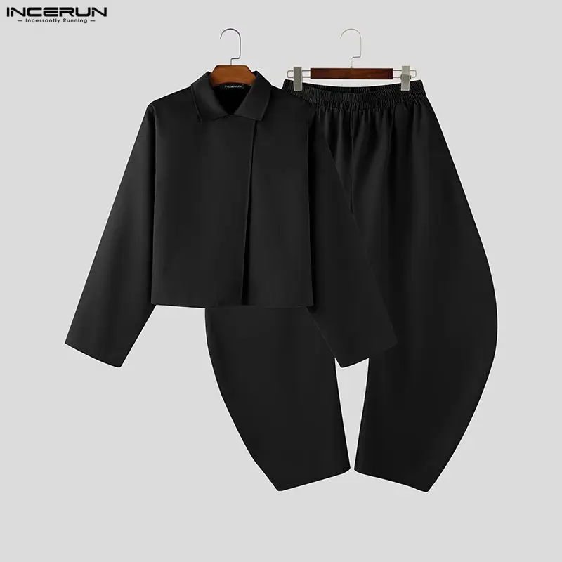 INCERUN Men Sets Solid Color Lapel Long Sleeve Shirt & Pants Two Pieces Sets Streetwear Loose 2026 Fashion Men's Casual Suits
