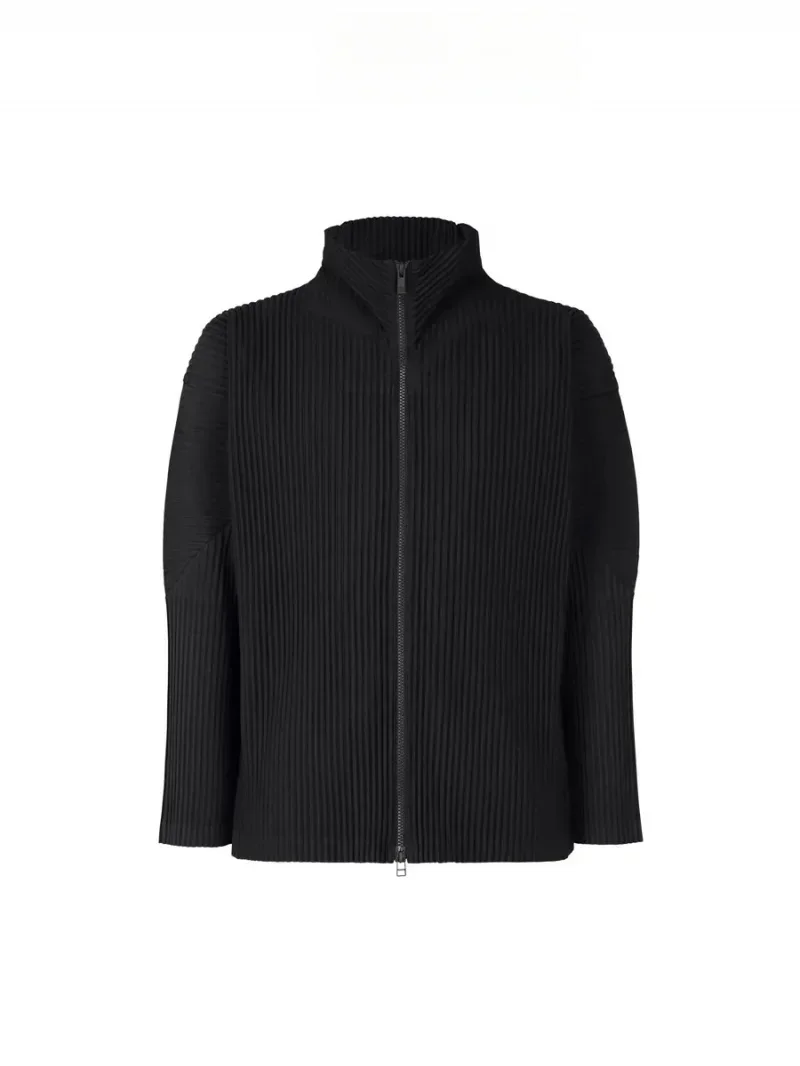 Miyake Pleated Men's Zip Up Jacket Plisse Cardigan Two Way Zipper Oversized Loose Fit Japanese Streetwear Casual Outerwear