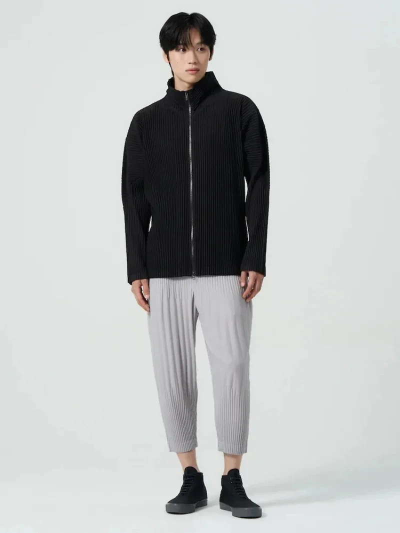 Miyake Pleated Men's Zip Up Jacket Plisse Cardigan Two Way Zipper Oversized Loose Fit Japanese Streetwear Casual Outerwear
