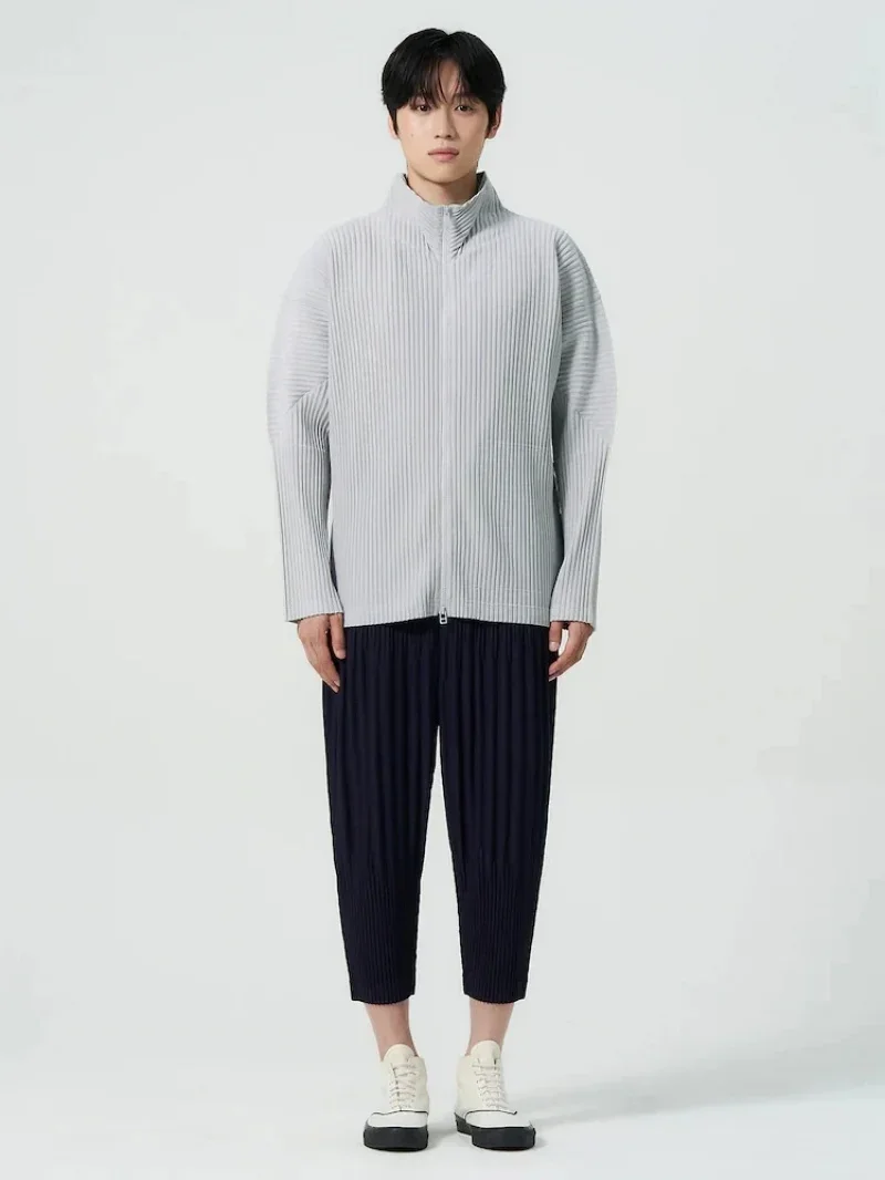 Miyake Pleated Men's Zip Up Jacket Plisse Cardigan Two Way Zipper Oversized Loose Fit Japanese Streetwear Casual Outerwear