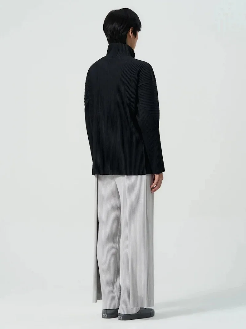 Miyake Pleated Men's Zip Up Jacket Plisse Cardigan Two Way Zipper Oversized Loose Fit Japanese Streetwear Casual Outerwear