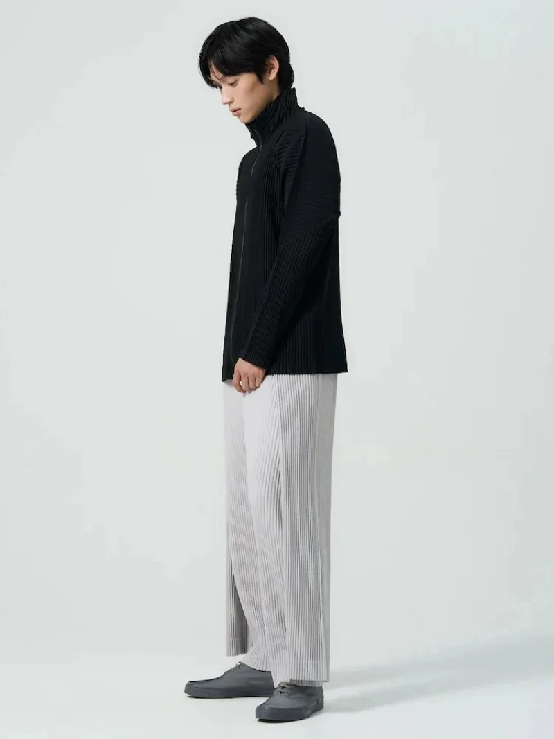 Miyake Pleated Men's Zip Up Jacket Plisse Cardigan Two Way Zipper Oversized Loose Fit Japanese Streetwear Casual Outerwear