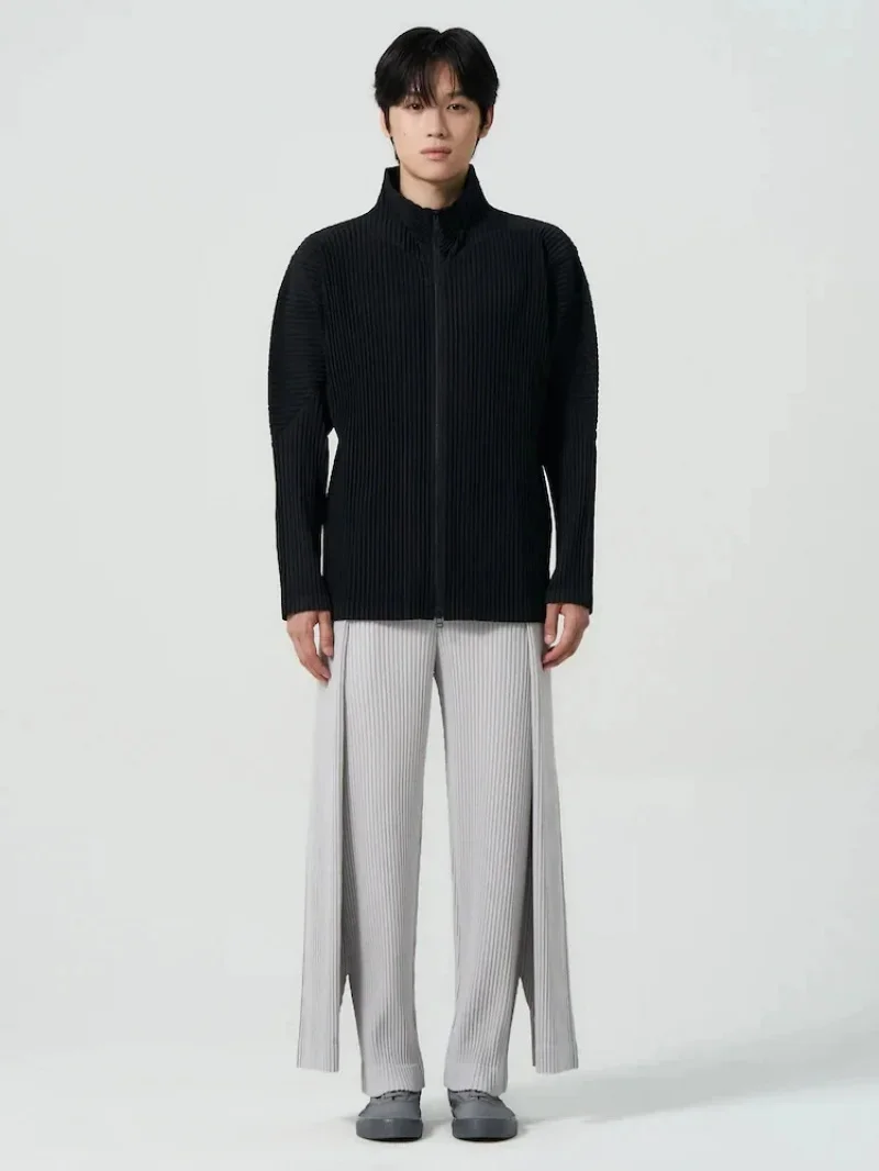 Miyake Pleated Men's Zip Up Jacket Plisse Cardigan Two Way Zipper Oversized Loose Fit Japanese Streetwear Casual Outerwear