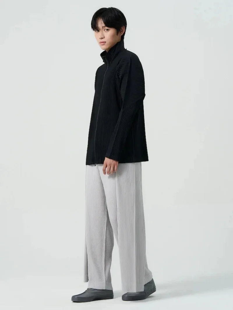 Miyake Pleated Men's Zip Up Jacket Plisse Cardigan Two Way Zipper Oversized Loose Fit Japanese Streetwear Casual Outerwear