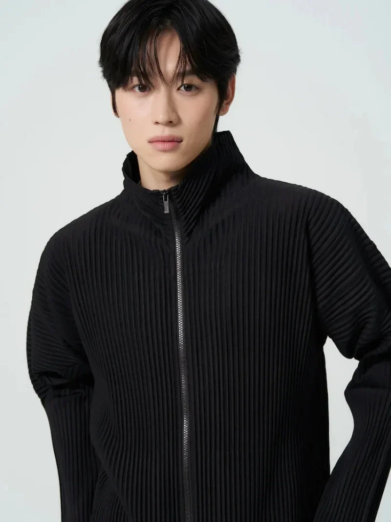 Miyake Pleated Men's Zip Up Jacket Plisse Cardigan Two Way Zipper Oversized Loose Fit Japanese Streetwear Casual Outerwear