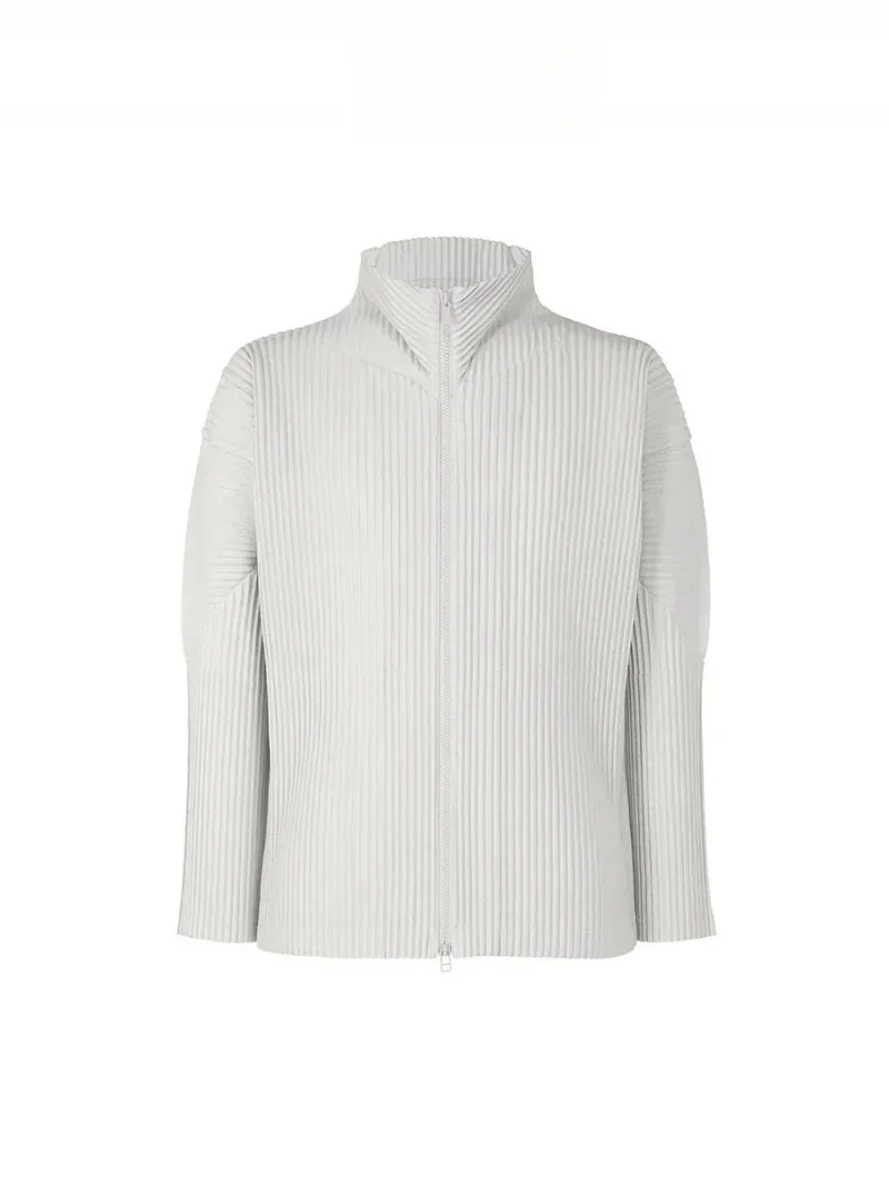 Miyake Pleated Men's Zip Up Jacket Plisse Cardigan Two Way Zipper Oversized Loose Fit Japanese Streetwear Casual Outerwear