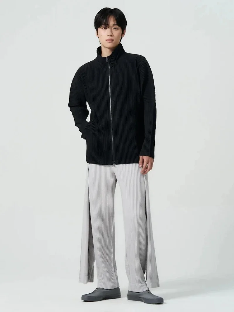 Miyake Pleated Men's Zip Up Jacket Plisse Cardigan Two Way Zipper Oversized Loose Fit Japanese Streetwear Casual Outerwear