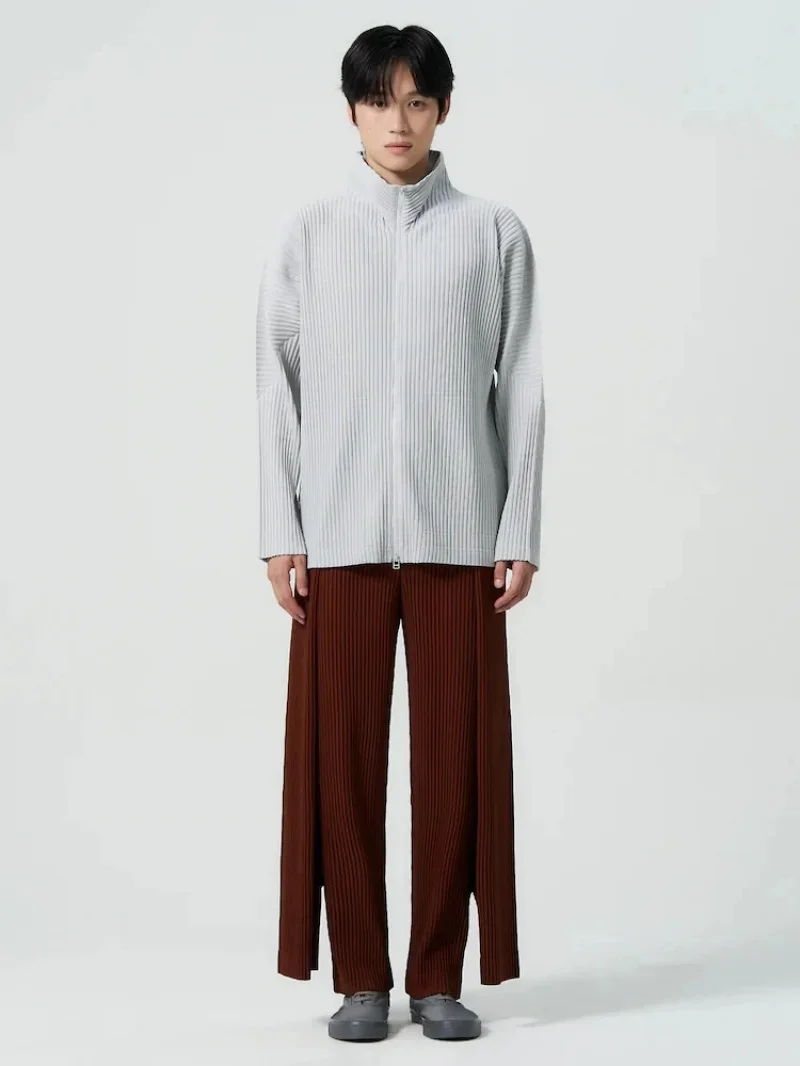 Miyake Pleated Men's Zip Up Jacket Plisse Cardigan Two Way Zipper Oversized Loose Fit Japanese Streetwear Casual Outerwear