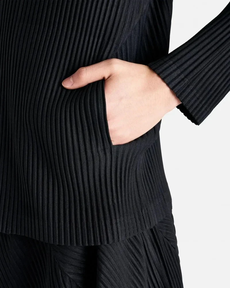 Miyake Pleated Men's Zip Up Jacket Plisse Cardigan Two Way Zipper Oversized Loose Fit Japanese Streetwear Casual Outerwear