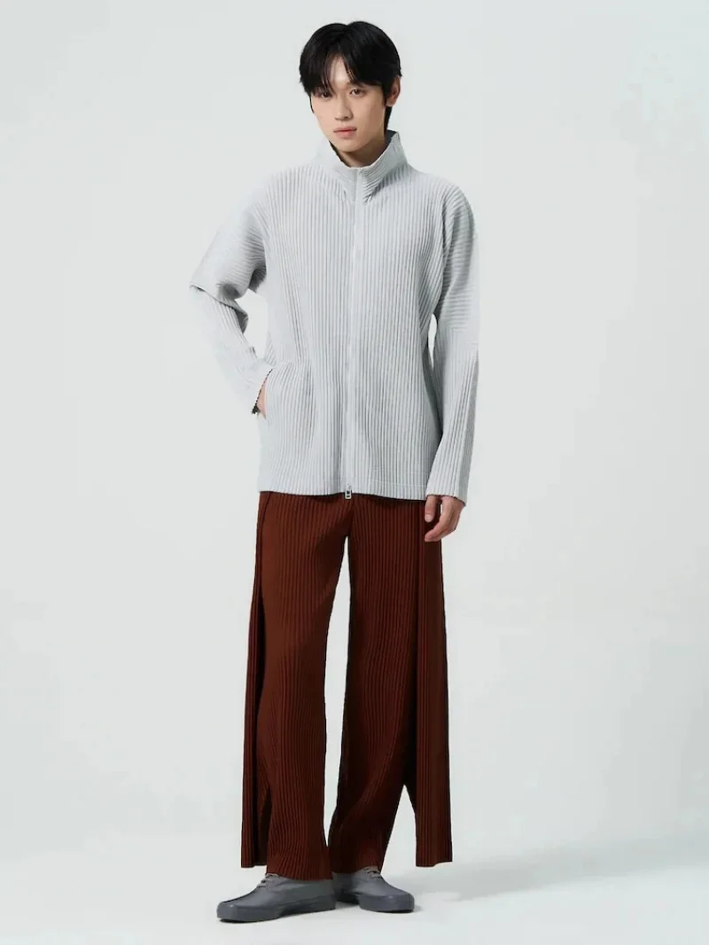 Miyake Pleated Men's Zip Up Jacket Plisse Cardigan Two Way Zipper Oversized Loose Fit Japanese Streetwear Casual Outerwear