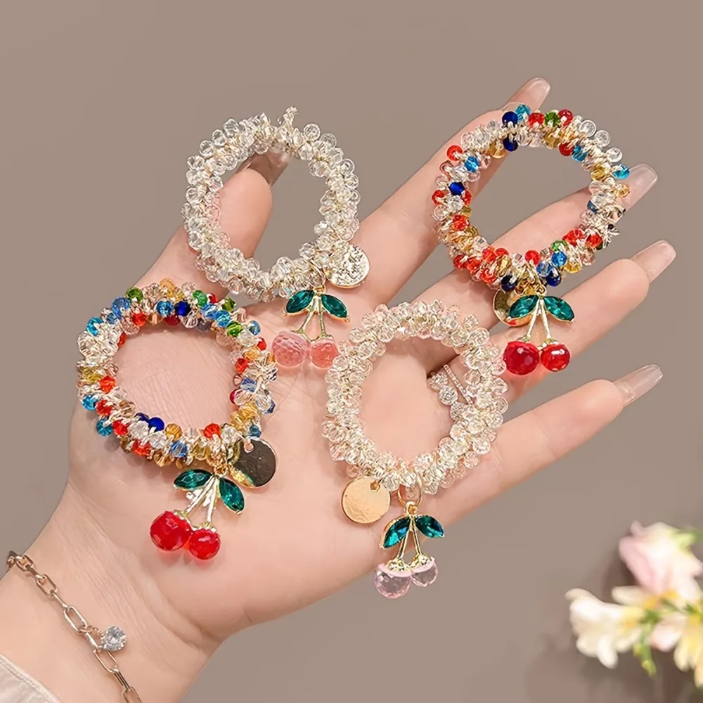 1/2pcs Colorful Crystal Cherry Hair Rope Sweet Rhinestone Hair Ring High Elastic Headband Bracelet Dual Use Tendon Headwear