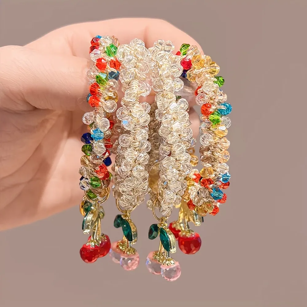 1/2pcs Colorful Crystal Cherry Hair Rope Sweet Rhinestone Hair Ring High Elastic Headband Bracelet Dual Use Tendon Headwear