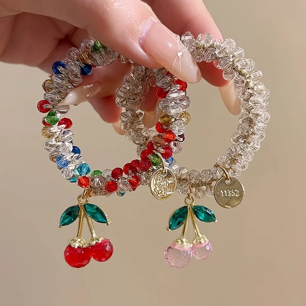 1/2pcs Colorful Crystal Cherry Hair Rope Sweet Rhinestone Hair Ring High Elastic Headband Bracelet Dual Use Tendon Headwear