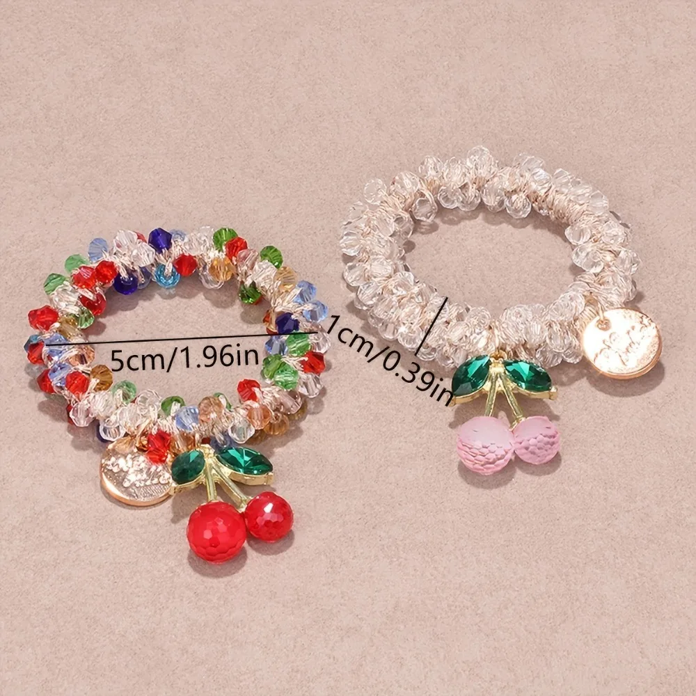 1/2pcs Colorful Crystal Cherry Hair Rope Sweet Rhinestone Hair Ring High Elastic Headband Bracelet Dual Use Tendon Headwear