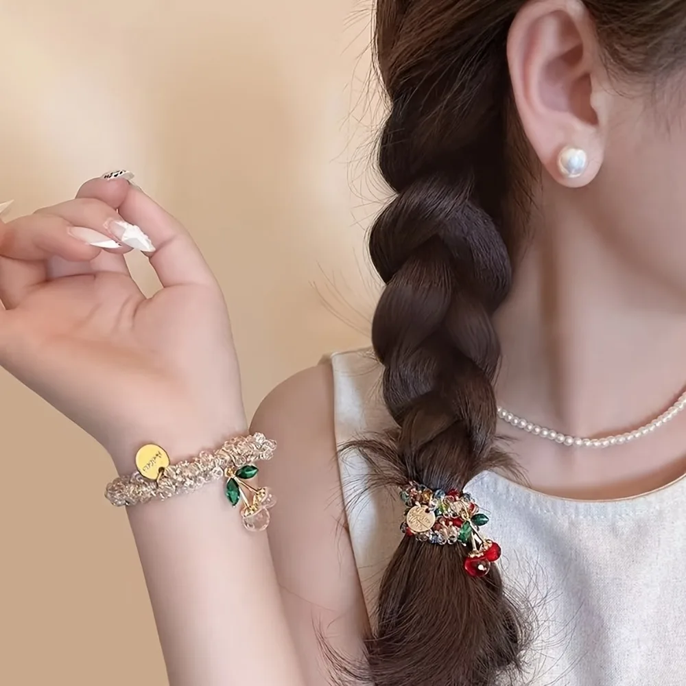 1/2pcs Colorful Crystal Cherry Hair Rope Sweet Rhinestone Hair Ring High Elastic Headband Bracelet Dual Use Tendon Headwear