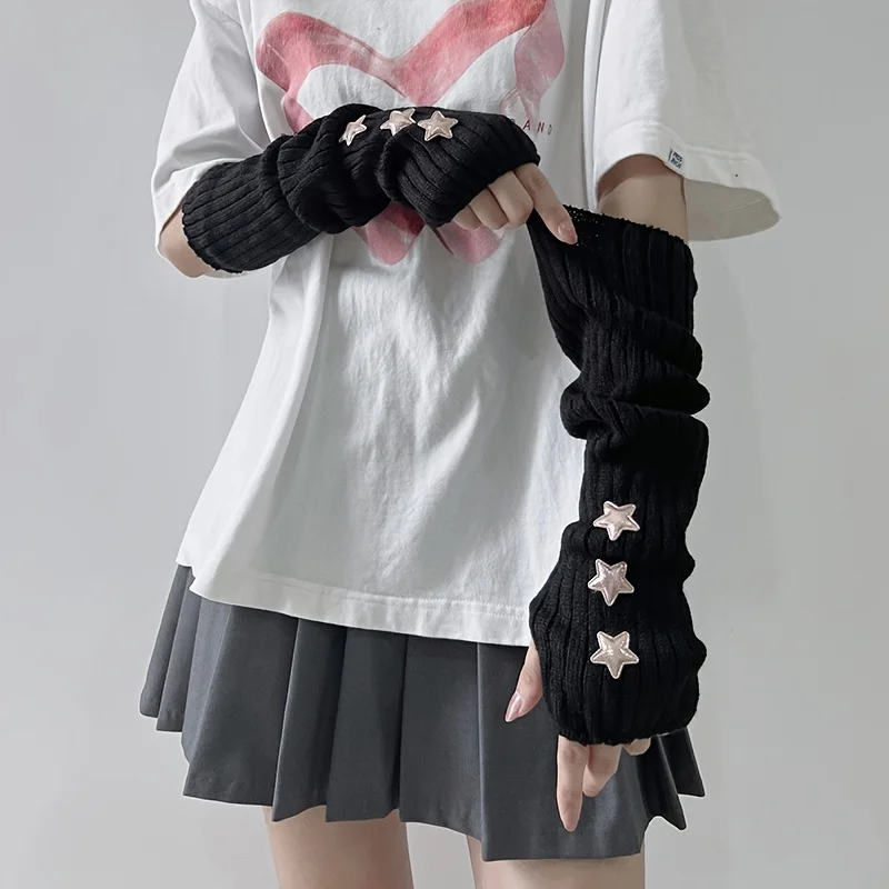 1 pair of ladies' fingerless gloves with star decoration white/black/pink machine washable fashionable accessory gloves