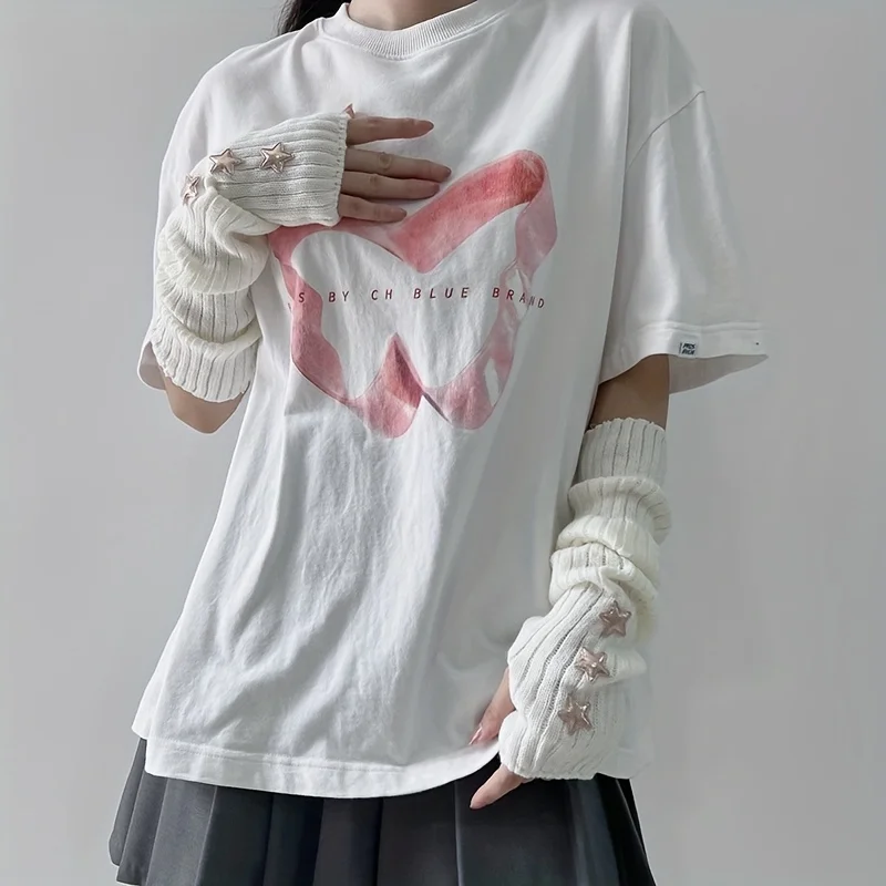 1 pair of ladies' fingerless gloves with star decoration white/black/pink machine washable fashionable accessory gloves