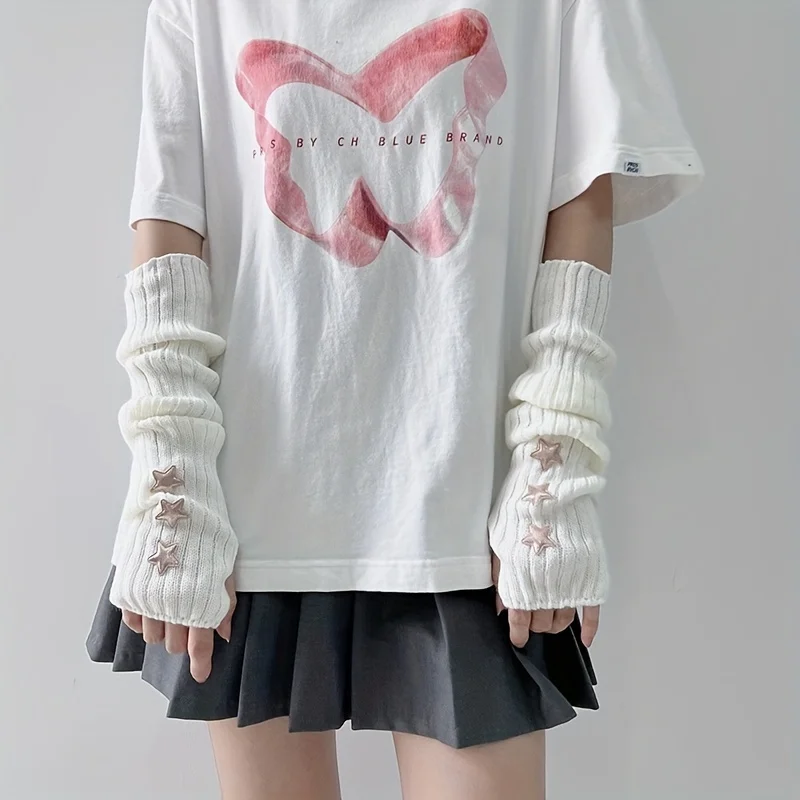 1 pair of ladies' fingerless gloves with star decoration white/black/pink machine washable fashionable accessory gloves