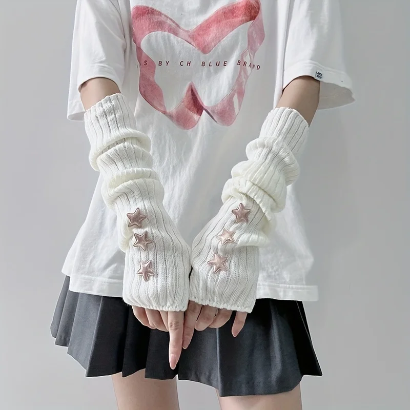 1 pair of ladies' fingerless gloves with star decoration white/black/pink machine washable fashionable accessory gloves