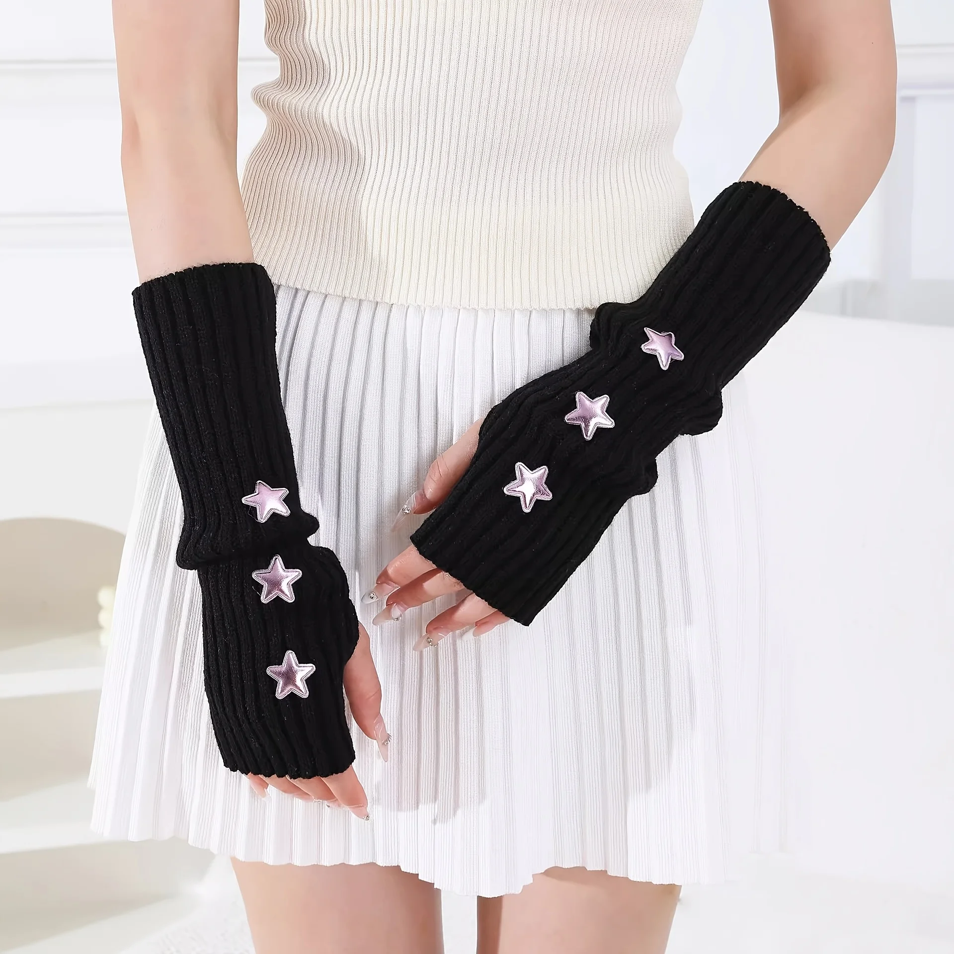 1 pair of ladies' fingerless gloves with star decoration white/black/pink machine washable fashionable accessory gloves