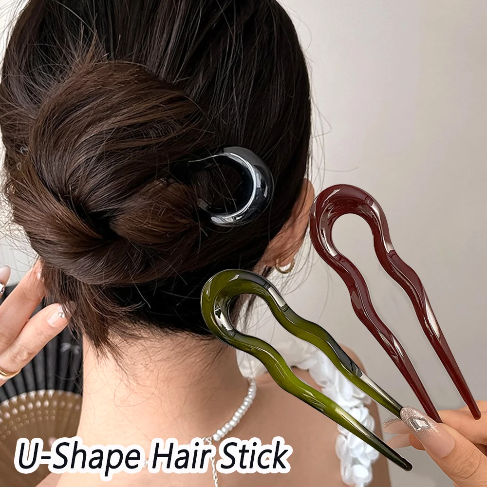 Simple U-Shape Hair Stick French Style Plastic Chignon Pins Hair Forks For Women Girls Summer Bun Styling Tools