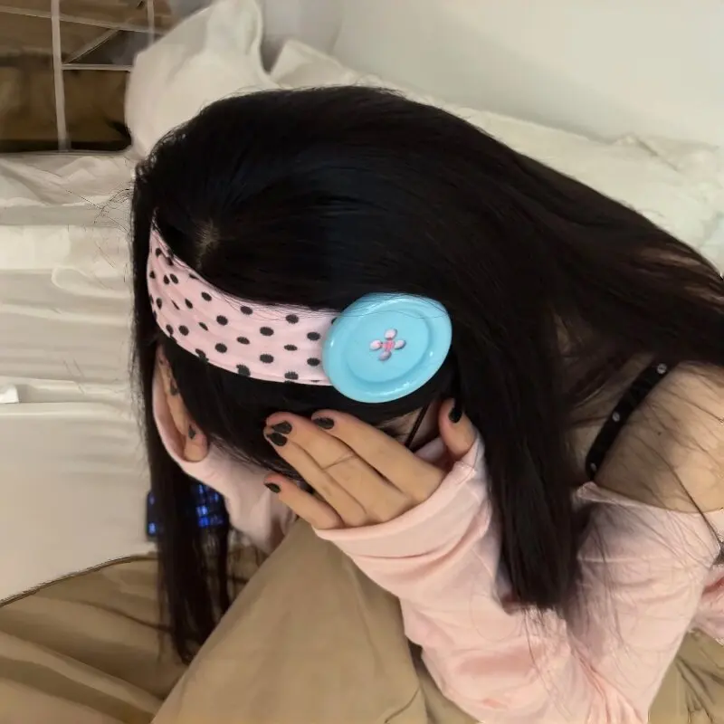 Summer Colorful Large Button Wave Point Hairband Korean Ins Y2K Retro Elastic Hairband Blogger Same Style Trendy Cool Hairband