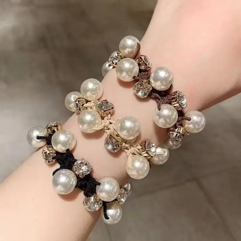 3Pcs Paux Pearl Brimmed Hair Tie Glitter Rhinestone Decor Hair Rope Retro Style Scrunchies for Women
