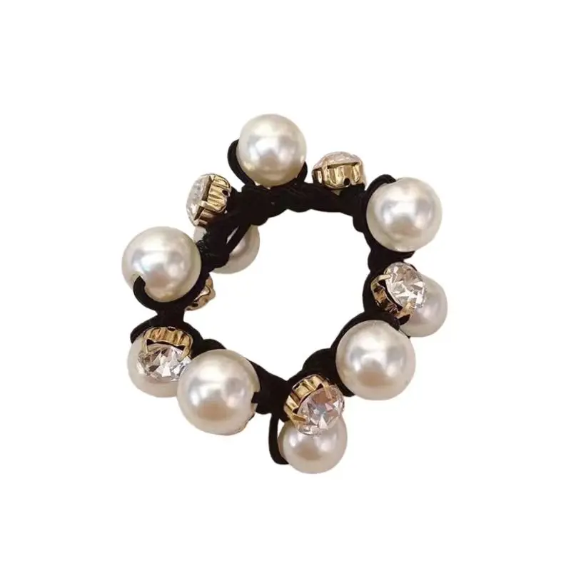 3Pcs Paux Pearl Brimmed Hair Tie Glitter Rhinestone Decor Hair Rope Retro Style Scrunchies for Women