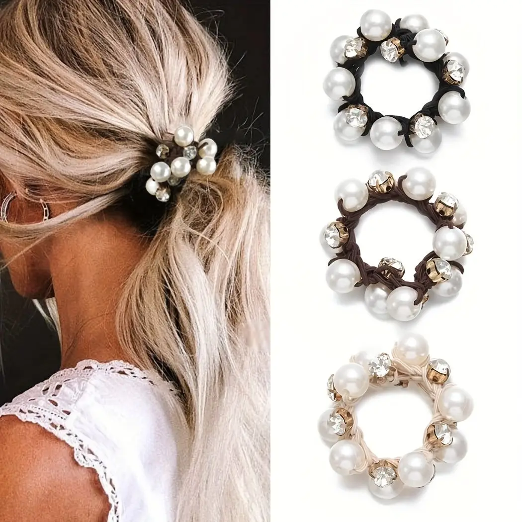 3Pcs Paux Pearl Brimmed Hair Tie Glitter Rhinestone Decor Hair Rope Retro Style Scrunchies for Women