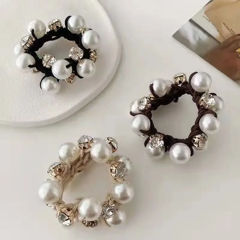 3Pcs Paux Pearl Brimmed Hair Tie Glitter Rhinestone Decor Hair Rope Retro Style Scrunchies for Women