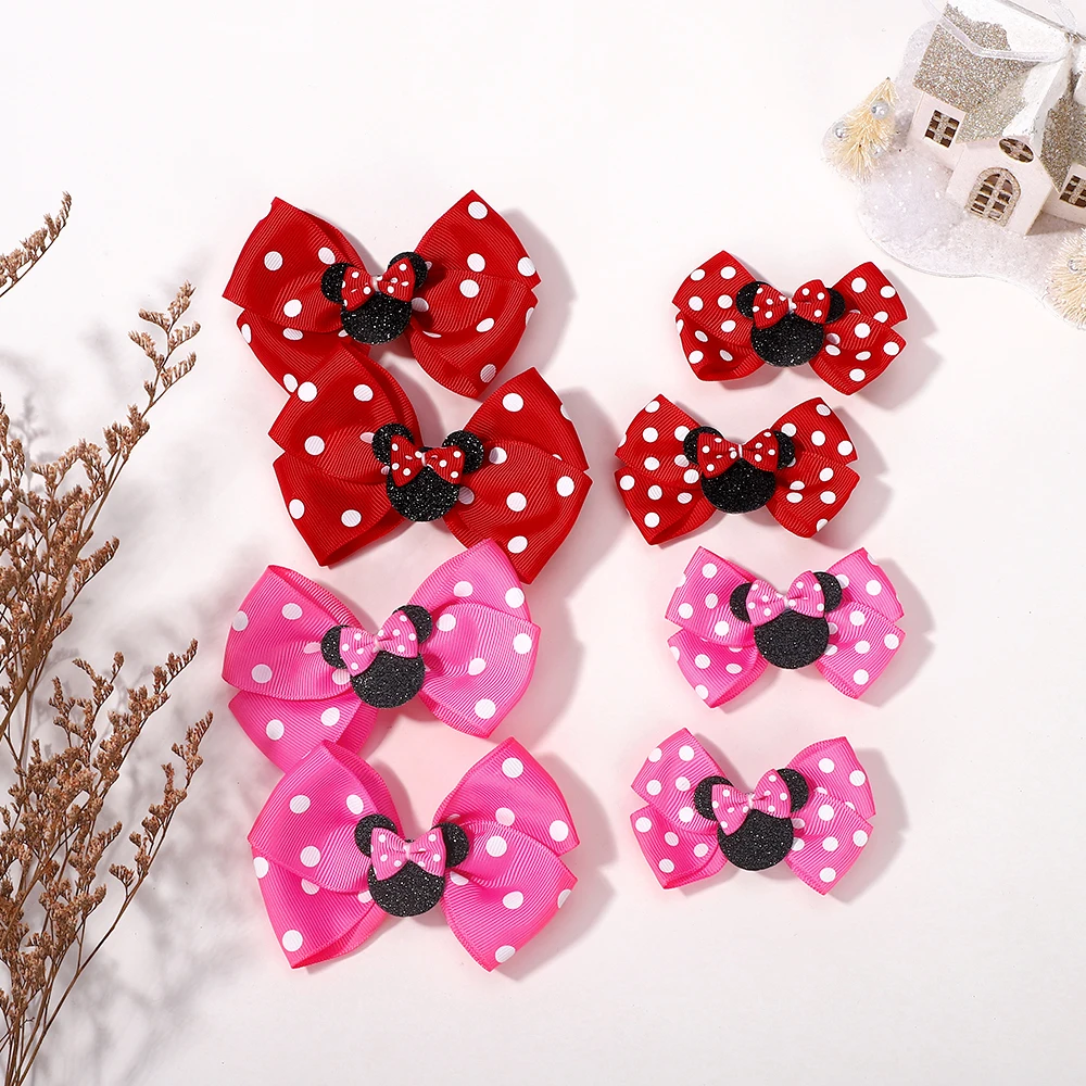 2Pcs/lot 3.9in Big Bows Hair Bangs Clip for Little Girls cartoon Party Headdress Sweet Polka Dot Bow Hair Clip Set