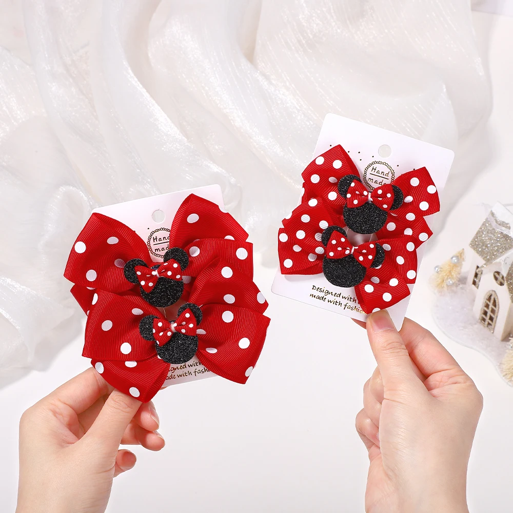 2Pcs/lot 3.9in Big Bows Hair Bangs Clip for Little Girls cartoon Party Headdress Sweet Polka Dot Bow Hair Clip Set