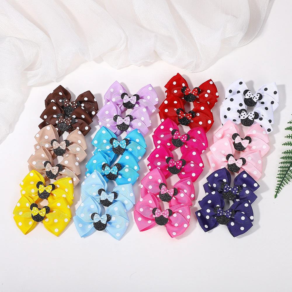 2Pcs/lot 3.9in Big Bows Hair Bangs Clip for Little Girls cartoon Party Headdress Sweet Polka Dot Bow Hair Clip Set