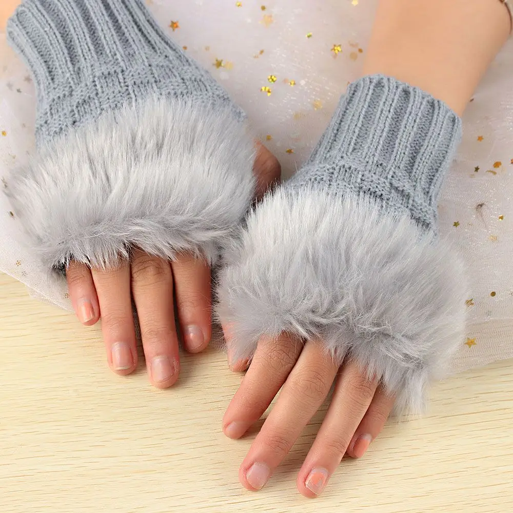 Fashion Keep Finger Warm Elastic Knitted Gloves Thicken Warm Faux Rabbit Hair Gloves Warm Mittens