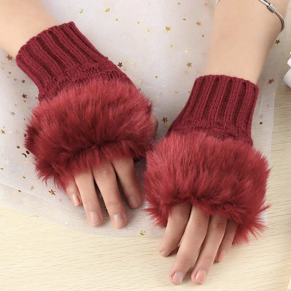 Fashion Keep Finger Warm Elastic Knitted Gloves Thicken Warm Faux Rabbit Hair Gloves Warm Mittens
