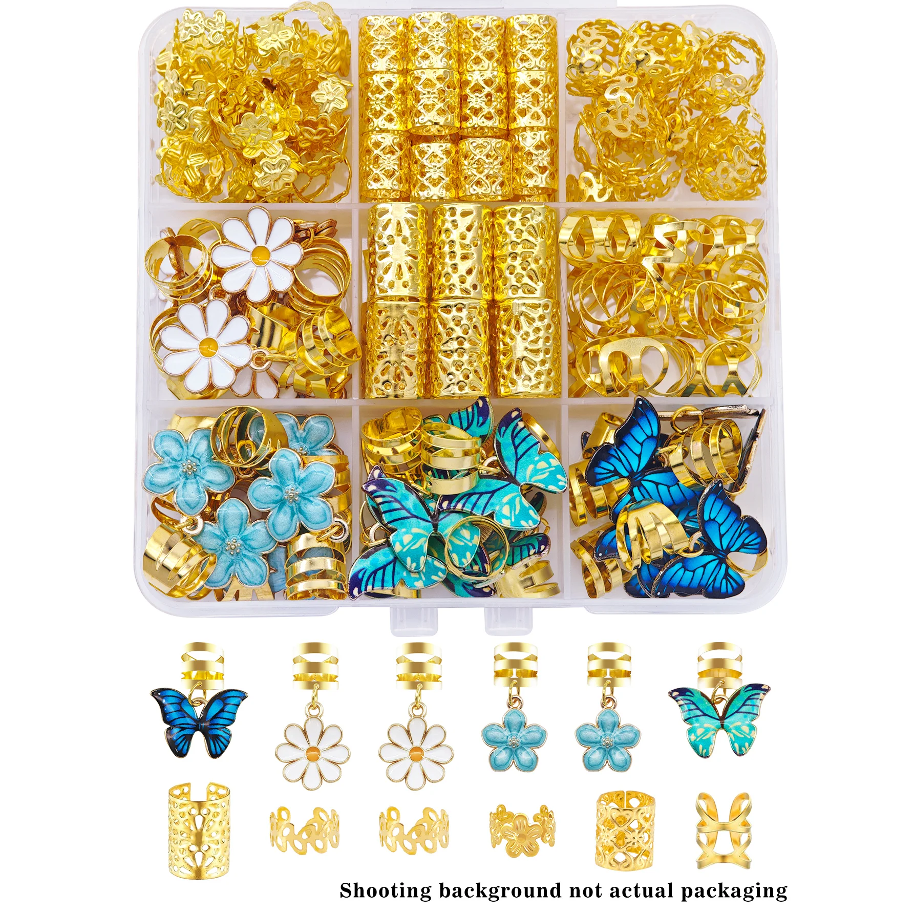 56pcs Vibrant Garden Hair Rings with Blue & Green Butterflies, White Daisies and Blue Camellias and Elegant Adjustable Cuffs