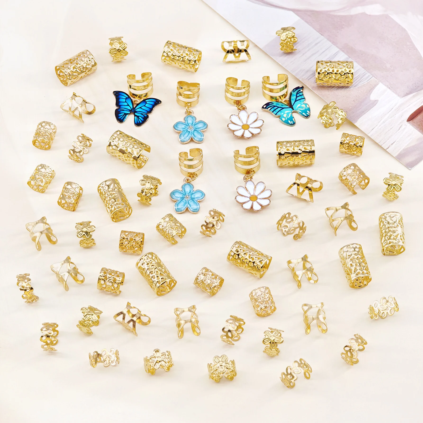 56pcs Vibrant Garden Hair Rings with Blue & Green Butterflies, White Daisies and Blue Camellias and Elegant Adjustable Cuffs