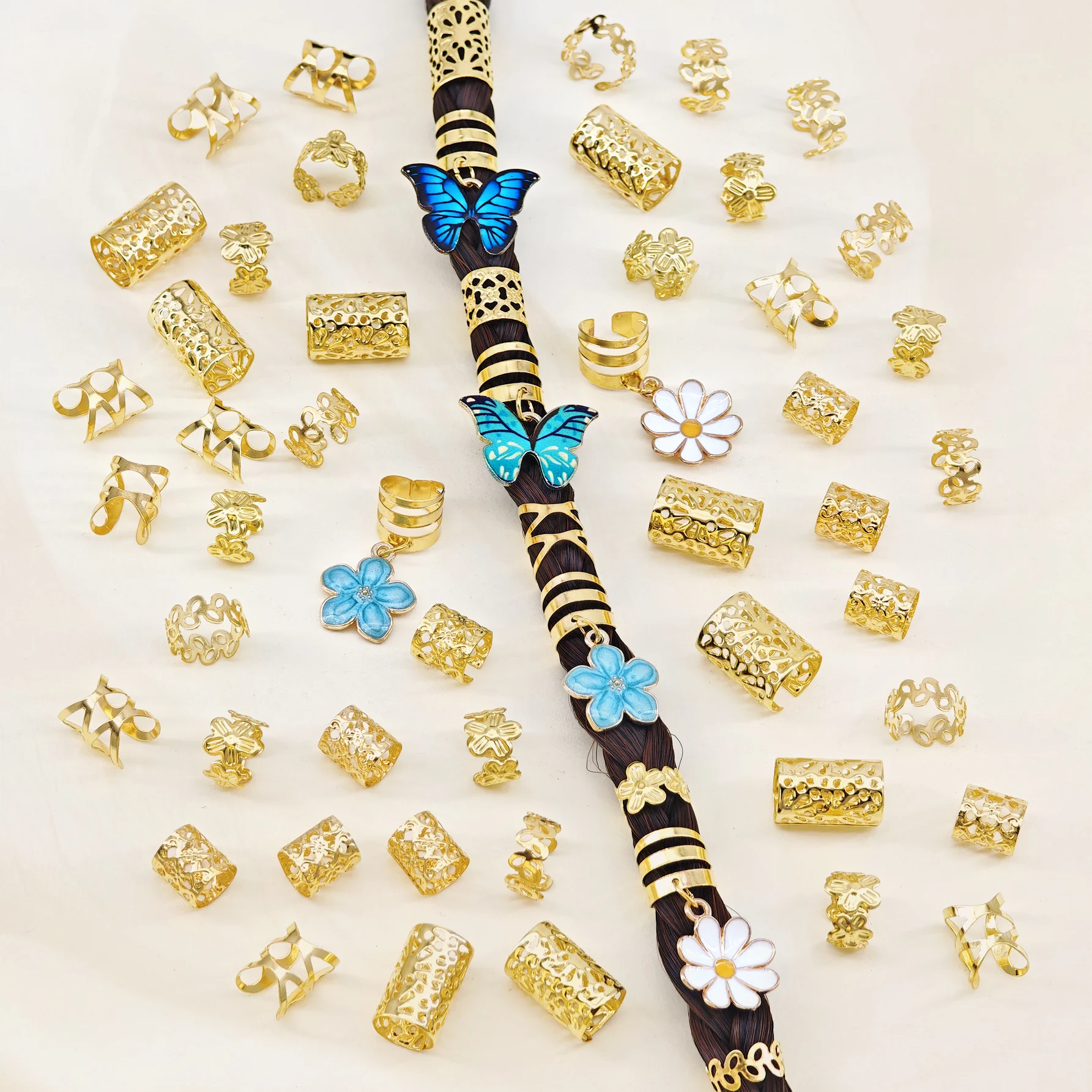 56pcs Vibrant Garden Hair Rings with Blue & Green Butterflies, White Daisies and Blue Camellias and Elegant Adjustable Cuffs