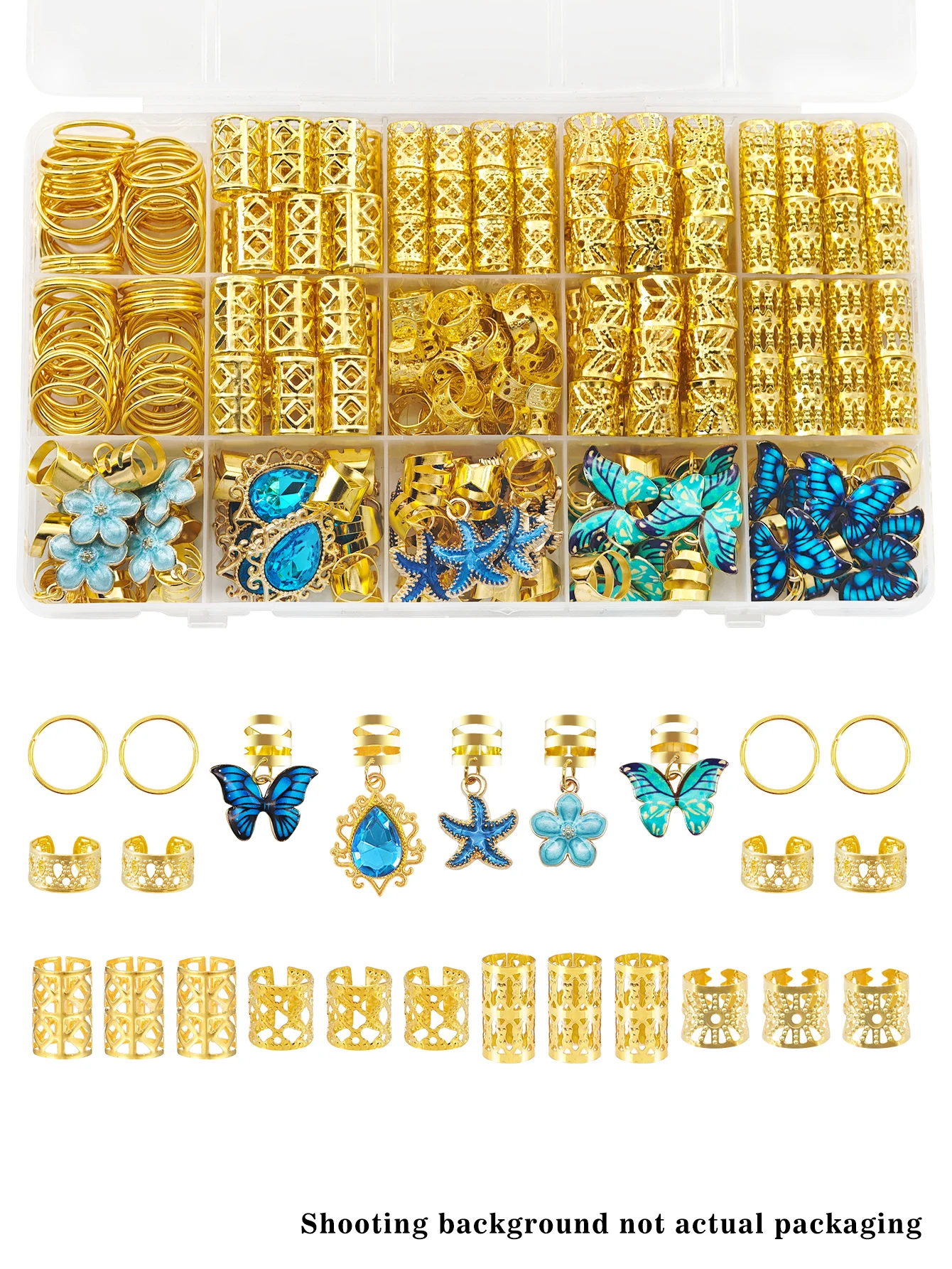 56pcs Vibrant Garden Hair Rings with Blue & Green Butterflies, White Daisies and Blue Camellias and Elegant Adjustable Cuffs