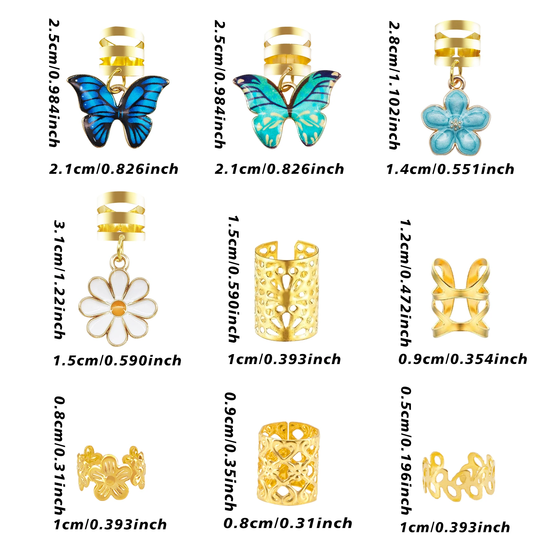 56pcs Vibrant Garden Hair Rings with Blue & Green Butterflies, White Daisies and Blue Camellias and Elegant Adjustable Cuffs