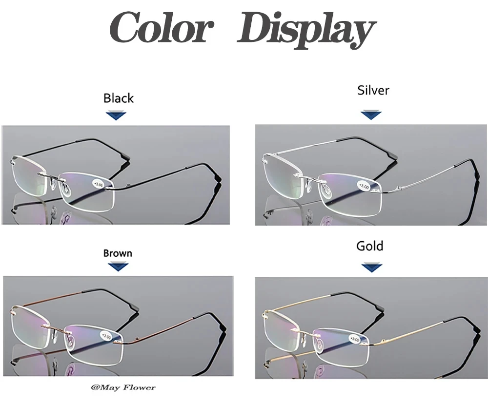 May Flower Blue Light Blockin Ultralight Memory Titanium Rimless Reading Glasses Men&Women Presbyopic Eyeglasses +1.0 +1.5 +2.0
