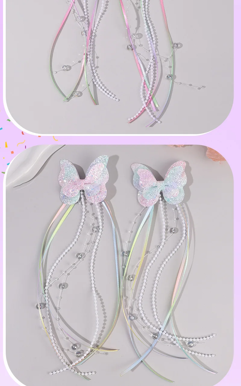 2Pc Cute Gradient Butterfly Hair Clips for Girls Shiny Long Tassel Ribbon Bows Hair Accessories Sweet Princess Style Barrettes f