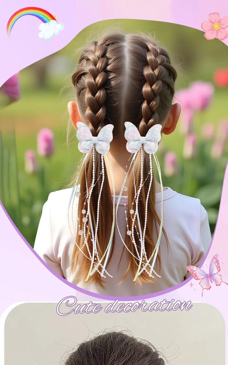 2Pc Cute Gradient Butterfly Hair Clips for Girls Shiny Long Tassel Ribbon Bows Hair Accessories Sweet Princess Style Barrettes f
