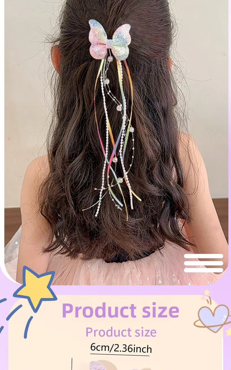 2Pc Cute Gradient Butterfly Hair Clips for Girls Shiny Long Tassel Ribbon Bows Hair Accessories Sweet Princess Style Barrettes f