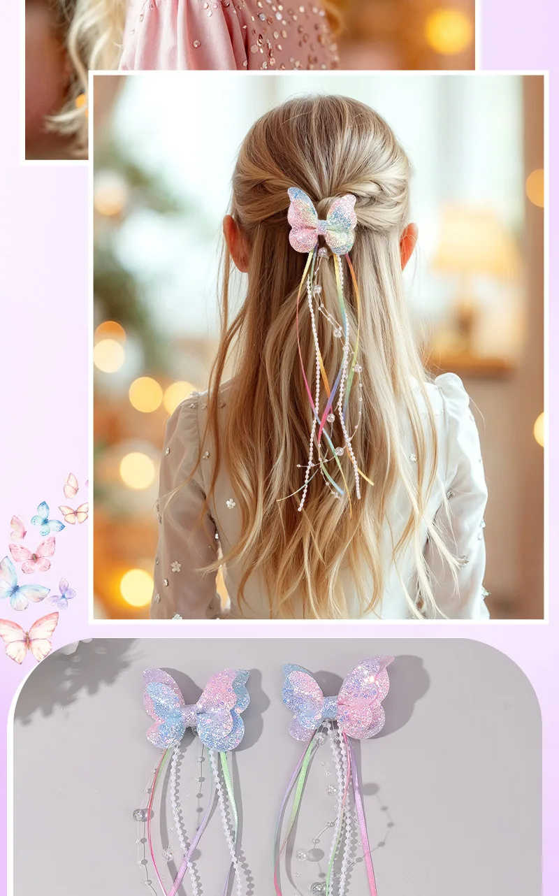 2Pc Cute Gradient Butterfly Hair Clips for Girls Shiny Long Tassel Ribbon Bows Hair Accessories Sweet Princess Style Barrettes f