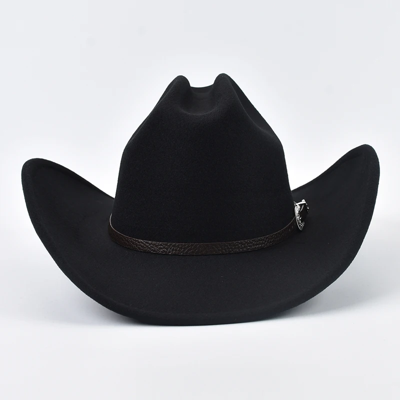 Unisex Western Cowboy Hat With Leather Vintage Big-edge Gentleman Cowgirl Jazz Hat Cloche Church Sombrero Hombre Caps
