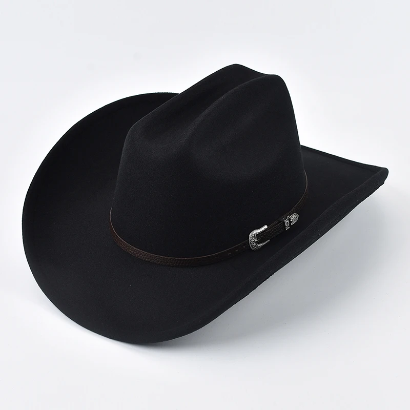 Unisex Western Cowboy Hat With Leather Vintage Big-edge Gentleman Cowgirl Jazz Hat Cloche Church Sombrero Hombre Caps