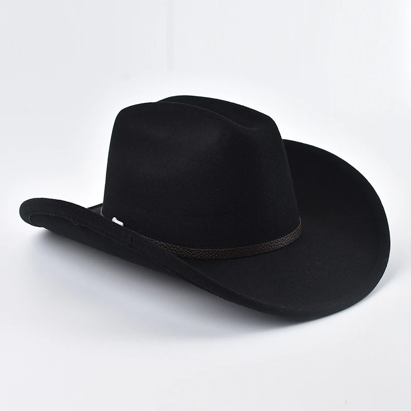 Unisex Western Cowboy Hat With Leather Vintage Big-edge Gentleman Cowgirl Jazz Hat Cloche Church Sombrero Hombre Caps