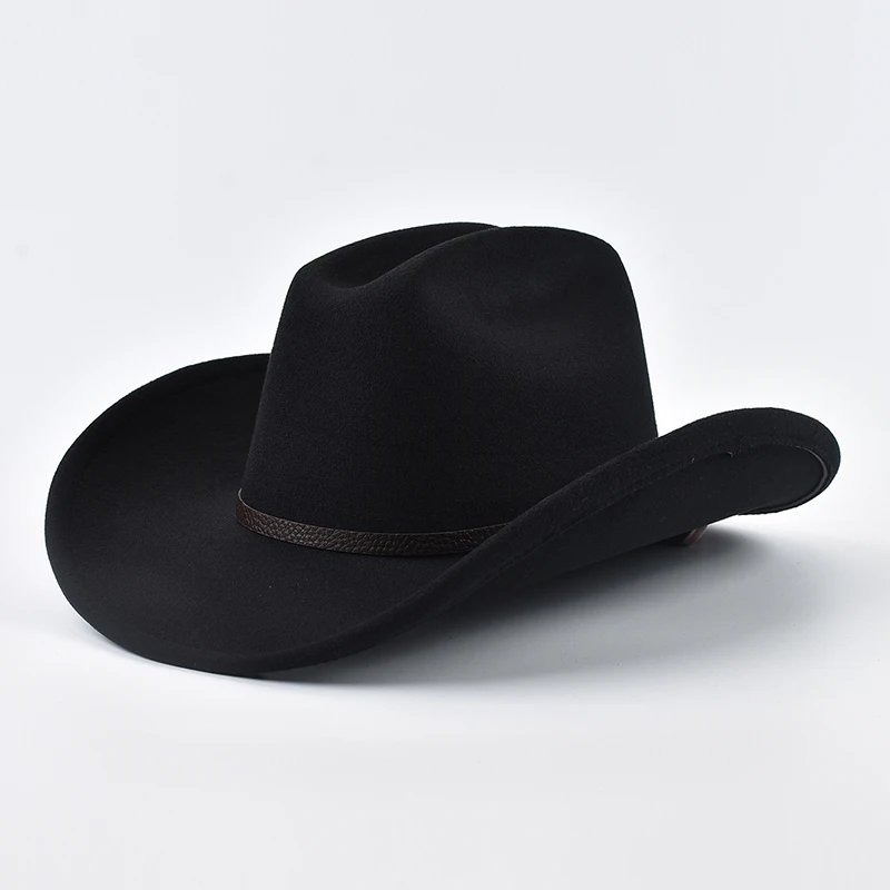 Unisex Western Cowboy Hat With Leather Vintage Big-edge Gentleman Cowgirl Jazz Hat Cloche Church Sombrero Hombre Caps