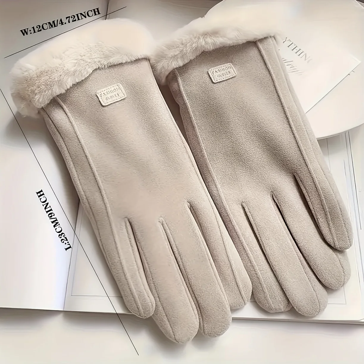 Comfortable beige touchscreen gloves with plush lining - providing thick and warm winter protection for outdoor leisure